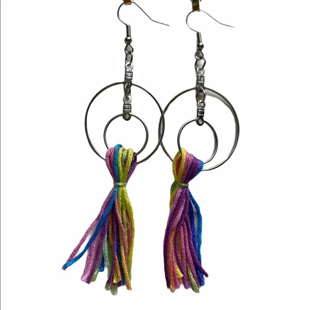Rainbow Tassel‎ Fringe Double Hoop Earrings Silver